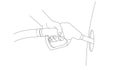 Line illustration of hand with gas gun refuelling the car with patrol, reakistic linear graphic, side view