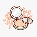 Line illustration makeup powder with mirror icon isolated. Vector handdraw icon with roses. Beauty decorative cosmetics sign