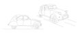 Line illustration of retro car in two views, side and perspective, simple linear graphic, realistic details
