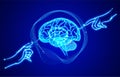 Line illustration of two glowing human hands touching a brain with a finger in the center on a dark blue background Royalty Free Stock Photo