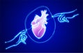 Line illustration of two glowing human hands touching a heart with a finger in the center on a dark blue background