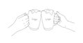 Line illustration of two hands raised in cheers gesture with two glasses of foamy fresh craft beer, simple line graphic for bar or