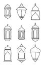 Line Islamic Arabic Lantern Symbol Icon Collection Set. Hand drawn set of lanterns. Vector illustration in doodle style Royalty Free Stock Photo