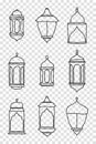 Line Islamic Arabic Lantern Symbol Icon Collection Set. Hand drawn set of lanterns. Vector illustration in doodle style Royalty Free Stock Photo