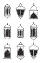 Line Islamic Arabic Lantern Symbol Icon Collection Set. Hand drawn set of lanterns. Vector illustration in doodle style Royalty Free Stock Photo