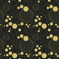 Line and isolated golden like color dense geometrical shapes icons seamless pattern on black