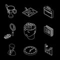 Line isometric business icons. Head gears, cup and