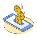 Line isometric illustration of coins droping into smart phone screen