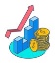 Line isometric illustration of pile of coins at growth graph