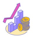 Line isometric illustration of pile of euro coins at growth graph