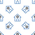 Line Jewish synagogue building or jewish temple icon isolated seamless pattern on white background. Hebrew or judaism