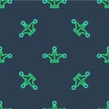 Line Joker playing card icon isolated seamless pattern on blue background. Jester hat with bells. Casino gambling Royalty Free Stock Photo