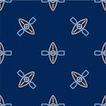 Line Kayak and paddle icon isolated seamless pattern on blue background. Kayak and canoe for fishing and tourism