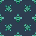 Line Kayak and paddle icon isolated seamless pattern on blue background. Kayak and canoe for fishing and tourism