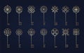 Line key collection. Decorative crossed keys for password, security and privacy, luxury vintage style. Vector isolated