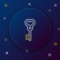 Line Key in heart shape icon isolated on blue background. Valentines day. Colorful outline concept. Vector Royalty Free Stock Photo