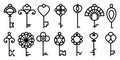 Line keys collection. Black outline illustration. Creative pictograms set. Hearts, flowers, ornament