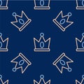 Line King crown icon isolated seamless pattern on blue background. Vector