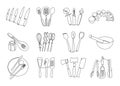 Line kitchen tools. Continuous line doodle cooking utensils, hand drawn plate knife dish and bowl graphic elements Royalty Free Stock Photo