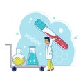 Line laboratory research vector illustration, cartoon flat tiny scientist character making experiment test in test tube