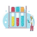 Line laboratory research vector illustration, cartoon flat tiny scientist character making experiment test in test tube