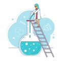Line laboratory research vector illustration, cartoon flat tiny scientist character making experiment test in test tube