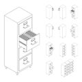 Line large isometric set of drawers with documents. Isometric iron drawer. Royalty Free Stock Photo