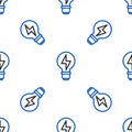 Line Light bulb with lightning symbol icon isolated seamless pattern on white background. Light lamp sign. Idea symbol Royalty Free Stock Photo