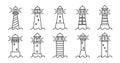 Line light houses, sea tower. Thin outline ocean beach, nautical safety, seaside sailing building with beam, navigation Royalty Free Stock Photo