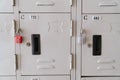 Line of lockers with the lock in the hallway of campus in primary school Royalty Free Stock Photo