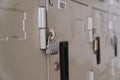 Line of lockers with the lock in the hallway of campus in primary school Royalty Free Stock Photo