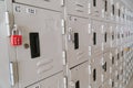 Line of lockers with the lock in the hallway of campus in primary school Royalty Free Stock Photo