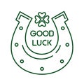 Line logo icon fof St. Patricks Day. Clover inside a horseshoe, symbol of good luck. Happy St. Patrick\'s Day