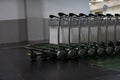 Line of luggage carrier trolleys at the airport