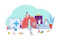 Line lung disease study and treatment, concept vector illustration. Doctors and nurses around enlarged lungs, look at