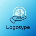 Line Mail and e-mail in hand icon isolated on blue background. Envelope symbol e-mail. Email message sign. Colorful Royalty Free Stock Photo