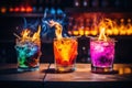 Line of many colorful alcoholic cocktails on a bar in a nightclub on dark. Generative AI