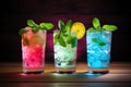 Line of many colorful alcoholic cocktails on a bar in a nightclub on dark. Generative AI