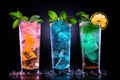 Line of many colorful alcoholic cocktails on a bar in a nightclub on dark. Generative AI