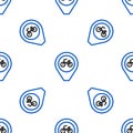 Line Map pointer with bicycle icon isolated seamless pattern on white background. Colorful outline concept. Vector Royalty Free Stock Photo