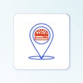 Line Map pointer with fast food burger icon isolated on white background. Colorful outline concept. Vector Royalty Free Stock Photo