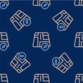 Line Map pointer with taxi car icon isolated seamless pattern on blue background. Location symbol. Vector Royalty Free Stock Photo
