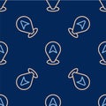 Line Map pointer with taxi car icon isolated seamless pattern on blue background. Location symbol. Vector Royalty Free Stock Photo
