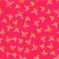 Line Marshalling wands for the aircraft icon isolated seamless pattern on red background. Marshaller communicated with