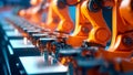 Mechanical arms in factory, efficiency in industrial operations. Generative AI