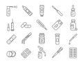 Line medical drug, vaccines, bottles and pills icons. Syringe and ampoule, aerosol, nasal spray, capsule and cream tube