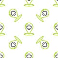 Line Medical map pointer with cross hospital icon isolated seamless pattern on white background. Colorful outline Royalty Free Stock Photo