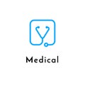 Line medicine icon blue logo, web online concept.Logo of stethoscope in shape of check sign for hospital, medicine appointment app Royalty Free Stock Photo