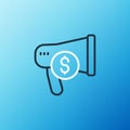 Line Megaphone and dollar icon isolated on blue background. Loud speech alert concept. Bullhorn for Mouthpiece scream
