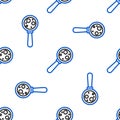 Line Microorganisms under magnifier icon isolated seamless pattern on white background. Bacteria and germs, cell cancer